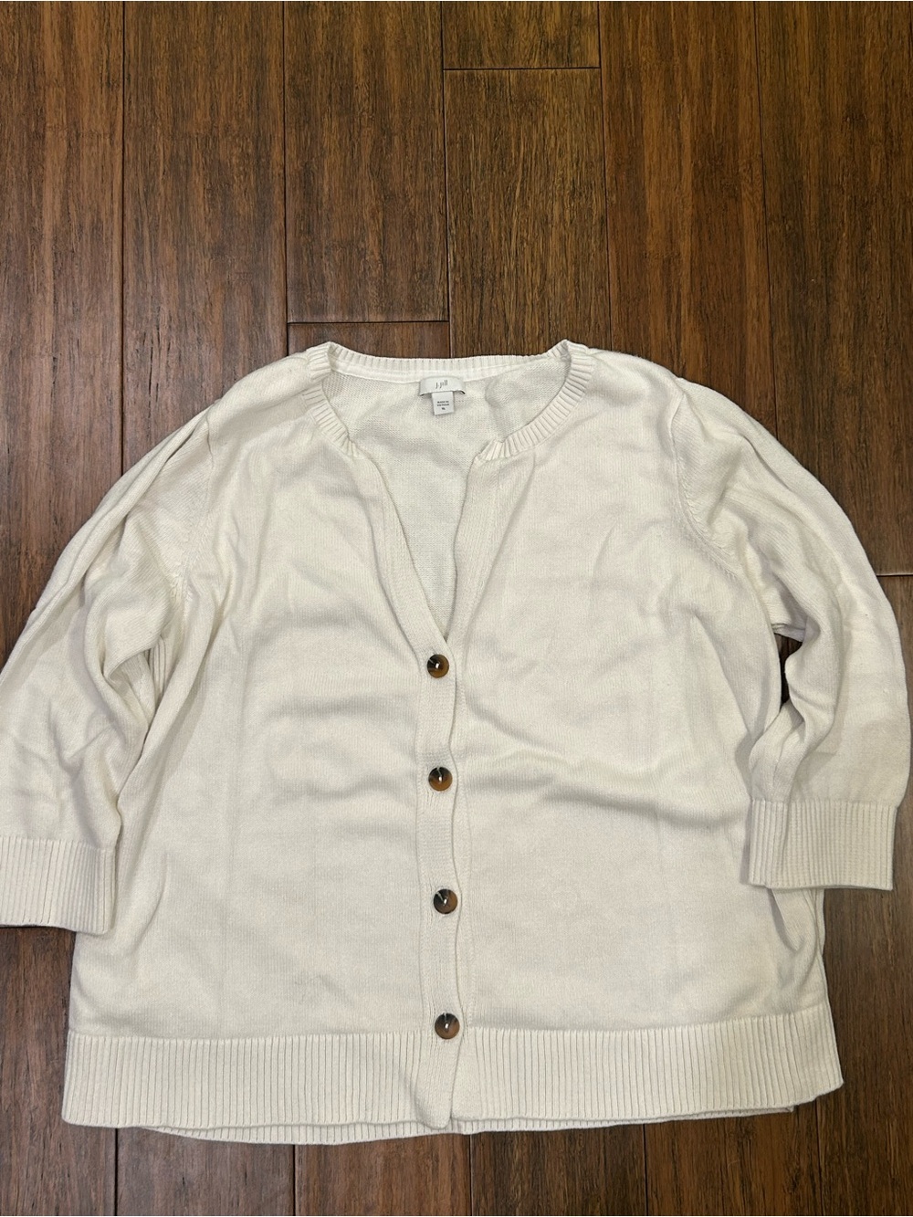 J. Jill Ivory V-neckline brown tortoise-style Button Front Rib Knit Trim Sz XL
